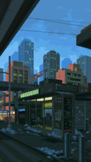 Aesthetic Pixel Art City Bistro Night Wallpaper for Mobile