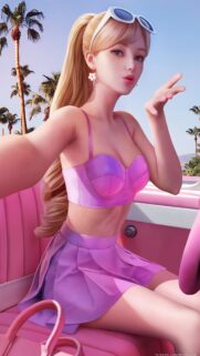 Beautiful Blonde Barbie Style Girl Selfie in Pink Convertible Car Wallpaper