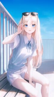 Beautiful Blonde Anime Girl with Sunglasses on Rooftop Wallpaper for Mobile
