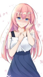 Beautiful Anime Girl with Pink Hair and Blue Eyes Floral Background Wallpaper