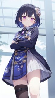 Cute Anime Girl with Purple Eyes and Blue Elegant Outfit Wallpaper