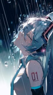 Melancholic Hatsune Miku in the Rain Aesthetic Mobile Wallpaper