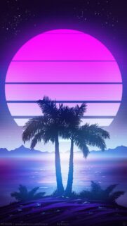 Retro Synthwave Sunset with Tropical Palm Trees Aesthetic Wallpaper