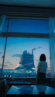 Anime Girl Looking at Futuristic Supermarket Cityscape Wallpaper