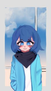Sad Anime Girl with Blue Hair and Sparkling Eyes Wallpaper for Mobile