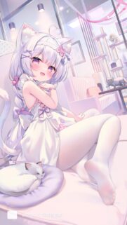 Cute Anime Cat Girl with White Hair in Pastel Bedroom Wallpaper