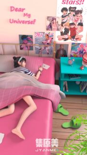 Anime Girl Sleeping in Cozy Pink Bedroom with JoJo Posters Wallpaper