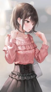 Beautiful Anime Girl in Pink Ruffled Sweater Wallpaper for Mobile