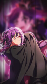 Mysterious Anime Girl with Purple Hair and Red Eyes Wallpaper for Mobile