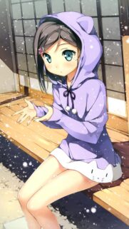 Anime Girl in Purple Cat Hoodie Enjoying Snowy Day Phone Wallpaper