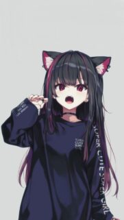Cute Anime Girl with Cat Ears and Dark Streetwear Wallpaper for Mobile