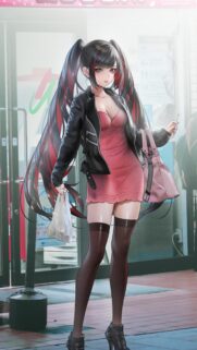 Anime Girl with Twin Tails in Pink Dress and Leather Jacket Mobile Wallpaper