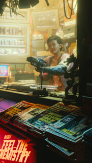 Cyberpunk Shopkeeper Holding Weapon High Quality Mobile Wallpaper