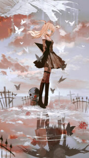 Gothic Anime Girl with Button Eyes and Creepy Doll Wallpaper