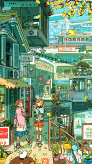 Vibrant Anime Cityscape with Girls Roller Skating Wallpaper