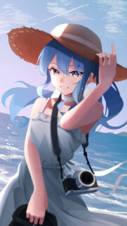 Anime Girl with Camera at Beach Summer Aesthetic Mobile Wallpaper