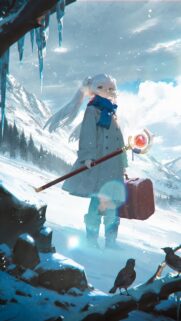 Anime Girl with Magical Staff in Snowy Winter Mountains Wallpaper