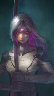 Cybernetic Warrior Girl with Glowing Pink Eyes and Futuristic Sword Wallpaper