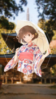 Cute Anime Girl in Traditional Yukata with Umbrella Wallpaper High Quality