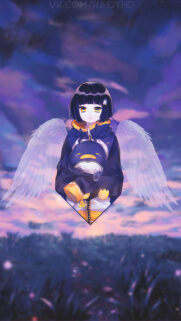 Cute Anime Girl with Angel Wings and Penguin Plushie Sunset Wallpaper