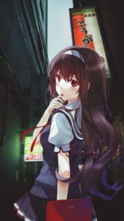 Beautiful Anime Schoolgirl in Tokyo Alleyway Aesthetic Wallpaper