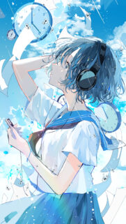 Anime Girl Listening to Music with Floating Clocks Wallpaper