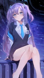 Cute Anime Girl with Purple Hair and Blue Halo Wallpaper for Mobile