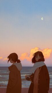 Anime Girls at Sunset Beach Aesthetic Mobile Wallpaper