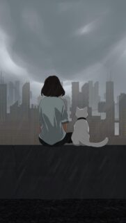 Anime Girl and Cat Sitting on Rooftop Overlooking Distant City Wallpaper