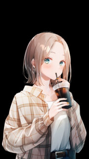 Cute Anime Girl Drinking Iced Coffee Aesthetic Phone Wallpaper