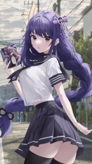 Anime Girl with Purple Braided Hair in School Uniform Holding a Book Wallpaper