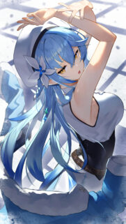 Beautiful Anime Girl with Long Blue Hair and Beret High Resolution Mobile Wallpaper