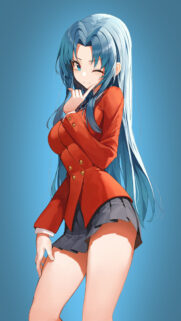 Anime Girl with Long Blue Hair and Red Blazer Wallpaper for Mobile