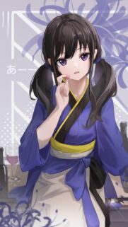 Beautiful Anime Girl in Blue Kimono with Purple Eyes Wallpaper