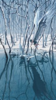 Ethereal Angel and Swans in Snowy Forest Landscape Wallpaper