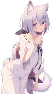 Cute Anime Cat Girl with Silver Hair in White Dress Wallpaper