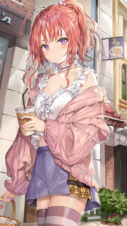 Anime Girl with Pink Hair Holding Iced Coffee Street Style Wallpaper