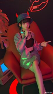 Cyberpunk Girl in Red Chair 3D Anime Style Desktop Wallpaper