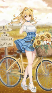 Anime Girl with Shiba Inu and Sunflowers on Bicycle Mobile Wallpaper