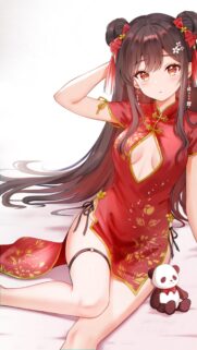 Beautiful Anime Girl in Red Cheongsam Qipao with Cute Panda Toy Wallpaper