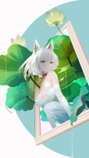 Beautiful Anime Fox Girl with Lotus Flowers Aesthetic Wallpaper