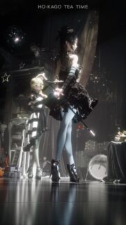 Ho-Kago Tea Time Anime Aesthetic Wallpaper with Stylish Performers in Dark Gothic Setting