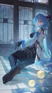 Genshin Impact Ganyu Aesthetic Anime Girl Wallpaper in Traditional Room
