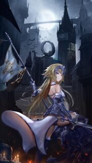 Anime Warrior Girl with Flag and Sword in Gothic City Moonlight Wallpaper