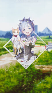 Rem from Re Zero Holding a Cute Cat Anime Girl Mobile Wallpaper
