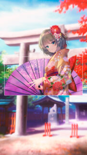 Beautiful Anime Girl in Traditional Kimono with Purple Umbrella Wallpaper