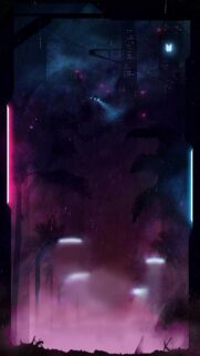 Cyberpunk Rainy Night Cityscape with Neon Palm Trees Mobile Wallpaper