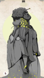 Abstract Artistic Portrait of Two Figures in Monochrome and Yellow Accents