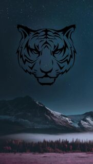 Minimalist Tiger Head Silhouette Over Night Mountain Landscape Wallpaper