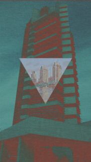 Abstract Urban Skyscraper Aesthetic Wallpaper with Triangular Cityscape Overlay